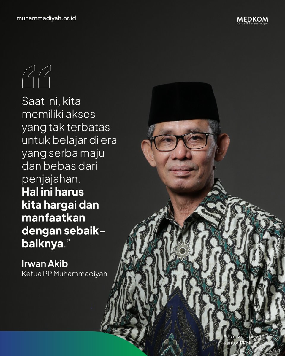 Merdeka bukan lagi soal bebas dari penjajahan fisik,
melainkan juga bebas dalam memaksimalkan pendidikan.

Merdeka dalam konteks pendidikan, dapat dimaknai sebagai
kebebasan dalam belajar dengan sebaik-baiknya!

#Muhammadiyah #HadisInspiratif #Kemerdekaan