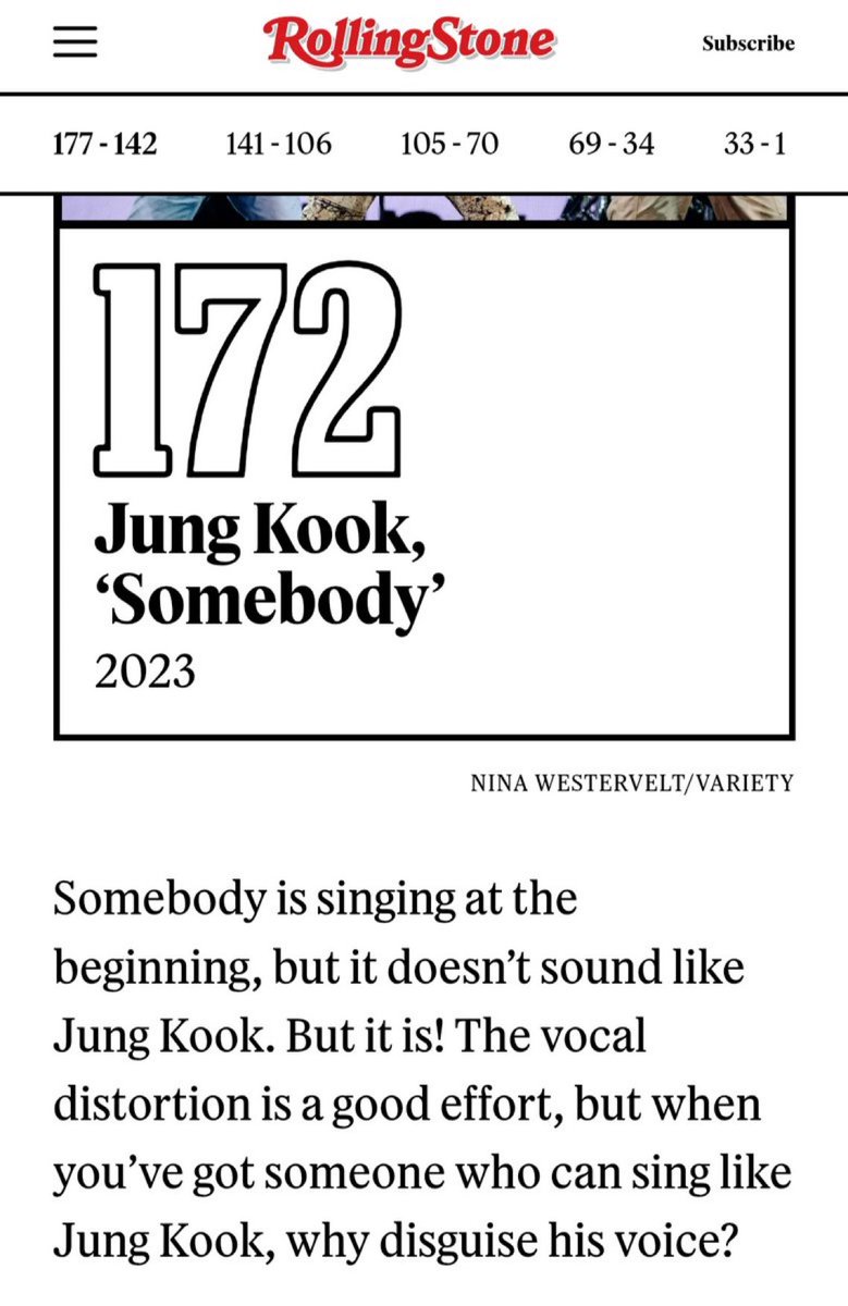 First, you added a cover song to the best songs list, then claimed Jungkook's voice in ‘Somebody’ is disguised. When he has sung it live many times sounding exactly the same as the recording. Don’t add him to your biased list if all you want is to disrespect him <a href="/RollingStone/">Rolling Stone</a>.