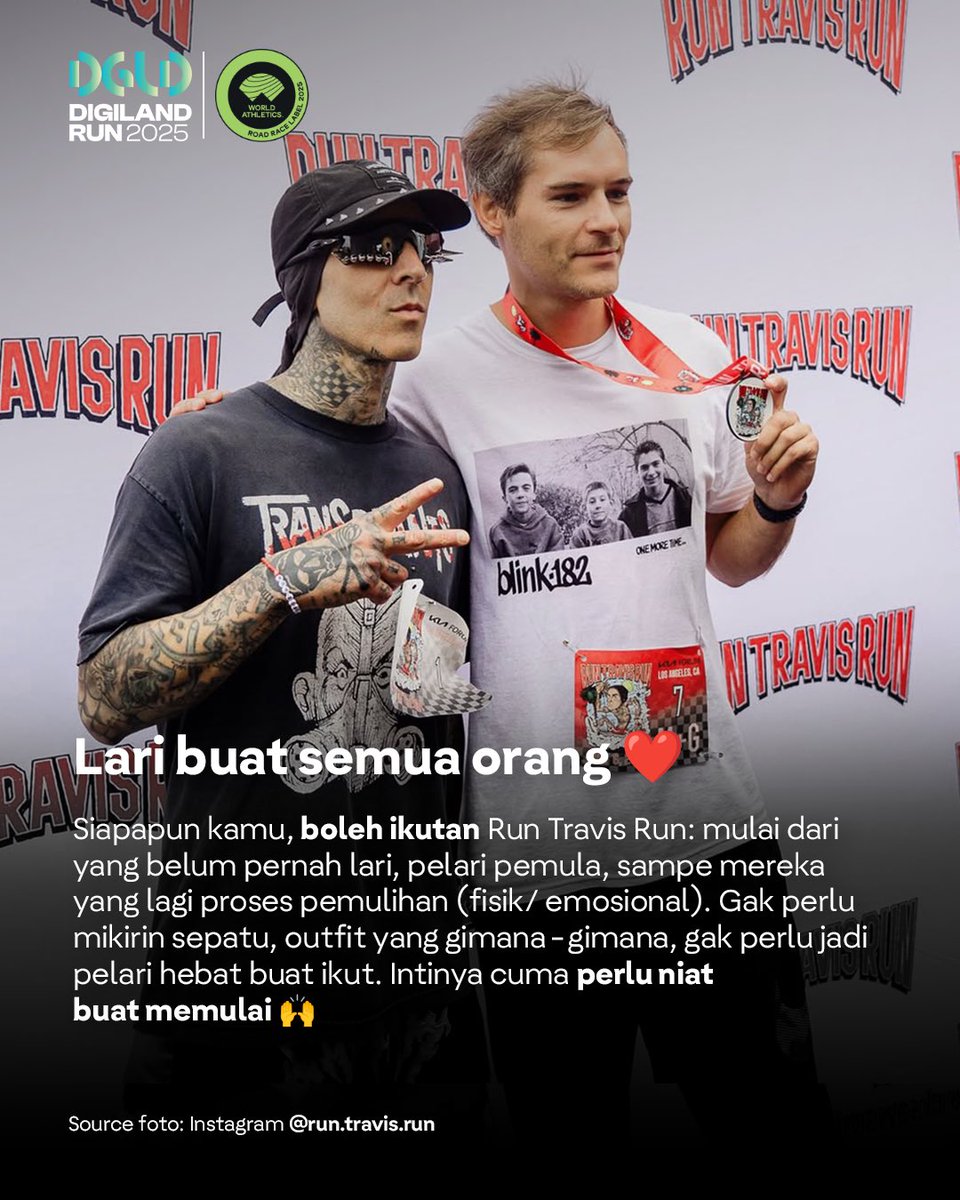 Travis Barker pernah nyaris kehilangan segalanya. Tapi dia mulai lagi dari langkah kecil sampe akhirnya Run Travis Run hadir bukan cuma sekedar lari, tapi ajakan buat mulai bergerak, pulih dan terhubung bareng komunitas, musik, dan semangat hidup ❤️

#Digiland2025