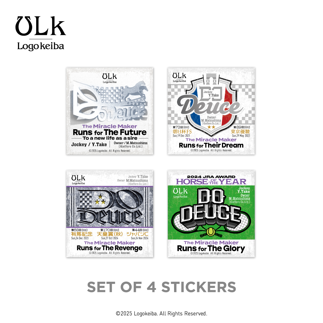 ［ドウデュース : B2ポスター＆ステッカーセット / 販売決定 ］

ロゴケイバのデザイングッズに、ドウデュースが登場！
・B2ポスター（2種類）
・スマホサイズのステッカーセット（4種1組）
8月14日（木）正午より、HORSEGOODSnet様を中心に、販売スタート。

制作テーマは、「The Miracle Maker」。