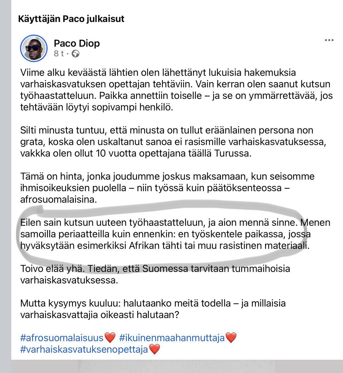 Vasemmistolainen Paco ei mene sellaiseen työhön, jossa saattaa esiintyä Haisuli-mukeja, tai muuta yhtä rasistista. Ehdottaisin, että menisi omaan kotimaahansa opettamaan maanmiehiään.