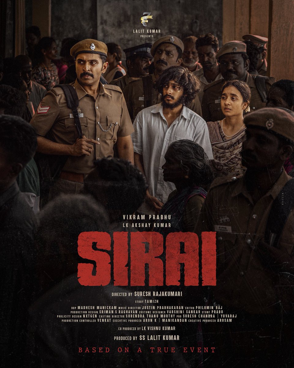 Seven Screen Studio (@7screenstudio) on Twitter photo Here's the First Look poster #Sirai 💥
Thank you <a href="/Dir_Lokesh/">Lokesh Kanagaraj</a> sir for unveiling #Sirai first look & wishing you the best for #Coolie 💥
Sets up an intense and hard hitting film featuring <a href="/iamVikramPrabhu/">Vikram Prabhu</a> and debutant <a href="/lk_akshaykumar/">LK Akshay Kumar</a> #AnishmaAnilkumar <a href="/t_ananda98/">Ananda Thambirajah</a> <a href="/Jagadishbliss/">Jagadish</a> Here's the First Look poster #Sirai 💥
Thank you <a href="/Dir_Lokesh/">Lokesh Kanagaraj</a> sir for unveiling #Sirai first look & wishing you the best for #Coolie 💥
Sets up an intense and hard hitting film featuring <a href="/iamVikramPrabhu/">Vikram Prabhu</a> and debutant <a href="/lk_akshaykumar/">LK Akshay Kumar</a> #AnishmaAnilkumar <a href="/t_ananda98/">Ananda Thambirajah</a> <a href="/Jagadishbliss/">Jagadish</a>