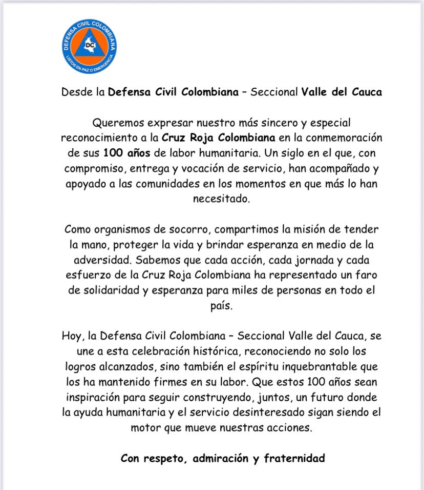 Defensa Civil Seccional Valle (@valledcc) on Twitter photo Cumplen 100 años de trabajar por el bienestar de los Vallecaucanos.⛑️ Ustedes al igual que nosotros, tienen un solo objetivo: Servir a quienes nos necesitan. 💪🏽 ¡Feliz centenario <a href="/Cruzrojavalle/">Cruz Roja Valle</a>! Cumplen 100 años de trabajar por el bienestar de los Vallecaucanos.⛑️ Ustedes al igual que nosotros, tienen un solo objetivo: Servir a quienes nos necesitan. 💪🏽 ¡Feliz centenario <a href="/Cruzrojavalle/">Cruz Roja Valle</a>!
