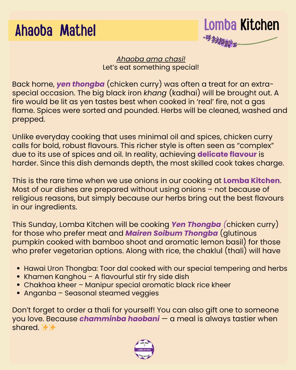 Nitin Sethi (@nit_set) on Twitter photo ✨ Chicken is often pronounced Sicken at our homes. The 'Ch' sound is not a familiar one. You can pronounce it the way you wish, it tastes good when cooked Manipuri style.
Tomorrow, the <a href="/LombaKitchen/">Lomba Kitchen</a> is cooking a special 🍗 *Yen Thongba/Chicken Curry Thali* with lots of herbs ✨ Chicken is often pronounced Sicken at our homes. The 'Ch' sound is not a familiar one. You can pronounce it the way you wish, it tastes good when cooked Manipuri style.
Tomorrow, the <a href="/LombaKitchen/">Lomba Kitchen</a> is cooking a special 🍗 *Yen Thongba/Chicken Curry Thali* with lots of herbs