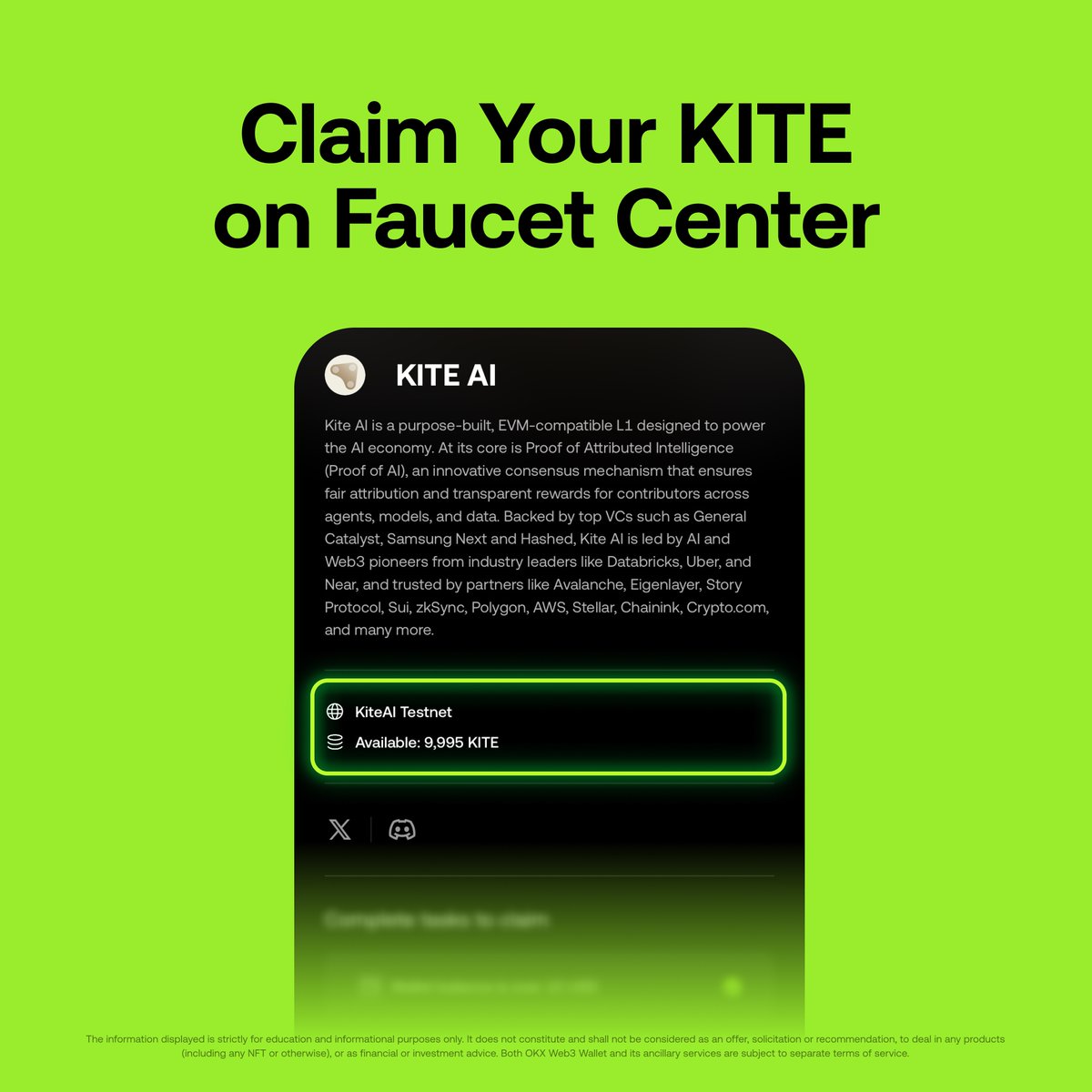 wallet's tweet image. You can now get $KITE @GoKiteAI testnet tokens at our Faucet Center!
Kite AI is building the foundational transaction layer where AI agents can operate and coordinate.
Claim now:
📱 Wallet > More > Faucet Center
🖥️ web3.okx.com/faucet/kite-ai…