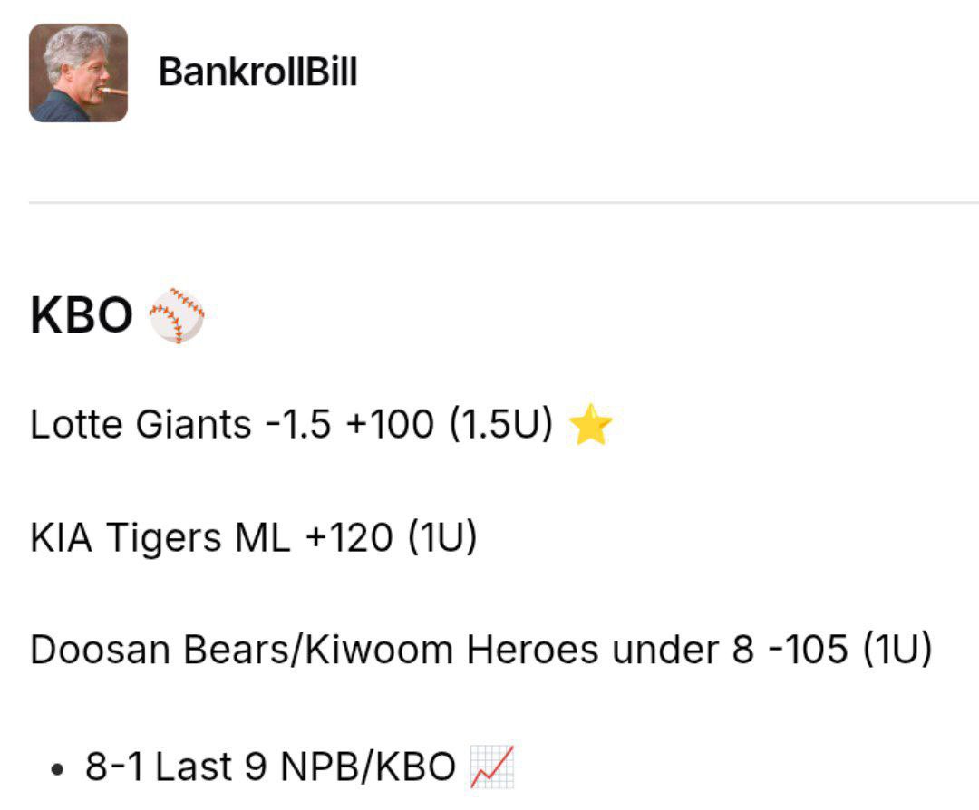allcappersfreee's tweet image. KBO PLAYS⭐️🔐

#Kimspicks
#A11bets
#Dirtybubblebets 
#Bankrollbill
