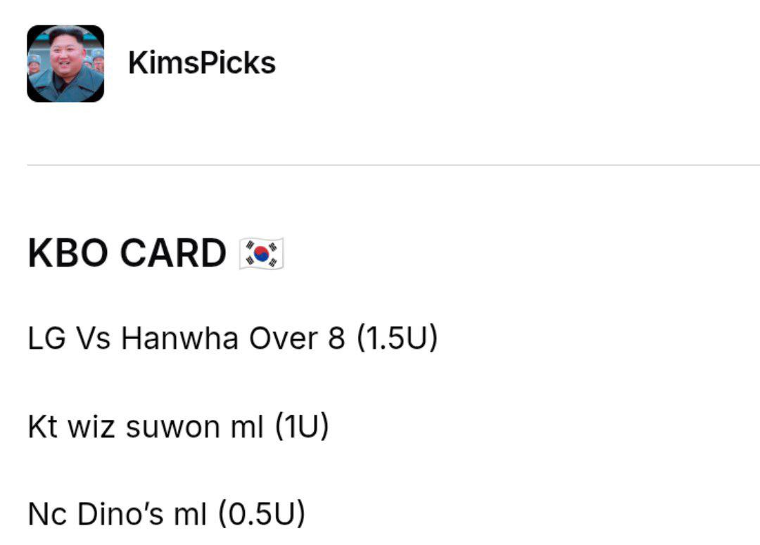 allcappersfreee's tweet image. KBO PLAYS⭐️🔐

#Kimspicks
#A11bets
#Dirtybubblebets 
#Bankrollbill