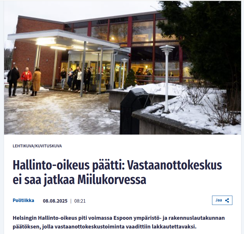 Luvaton vastaanottokeskus sai lähtöpassit Espoossa. Vasemmisto ja Luona Oy harasi vastaan tietenkin, mutta PS ehdotus meni läpi. ”Hallinto-oikeus toteaa, että oikeuskäytännön perusteella (muun ohella KHO 2017:184) turvapaikanhakijoiden vastaanottokeskuksena toimiva rakennus on