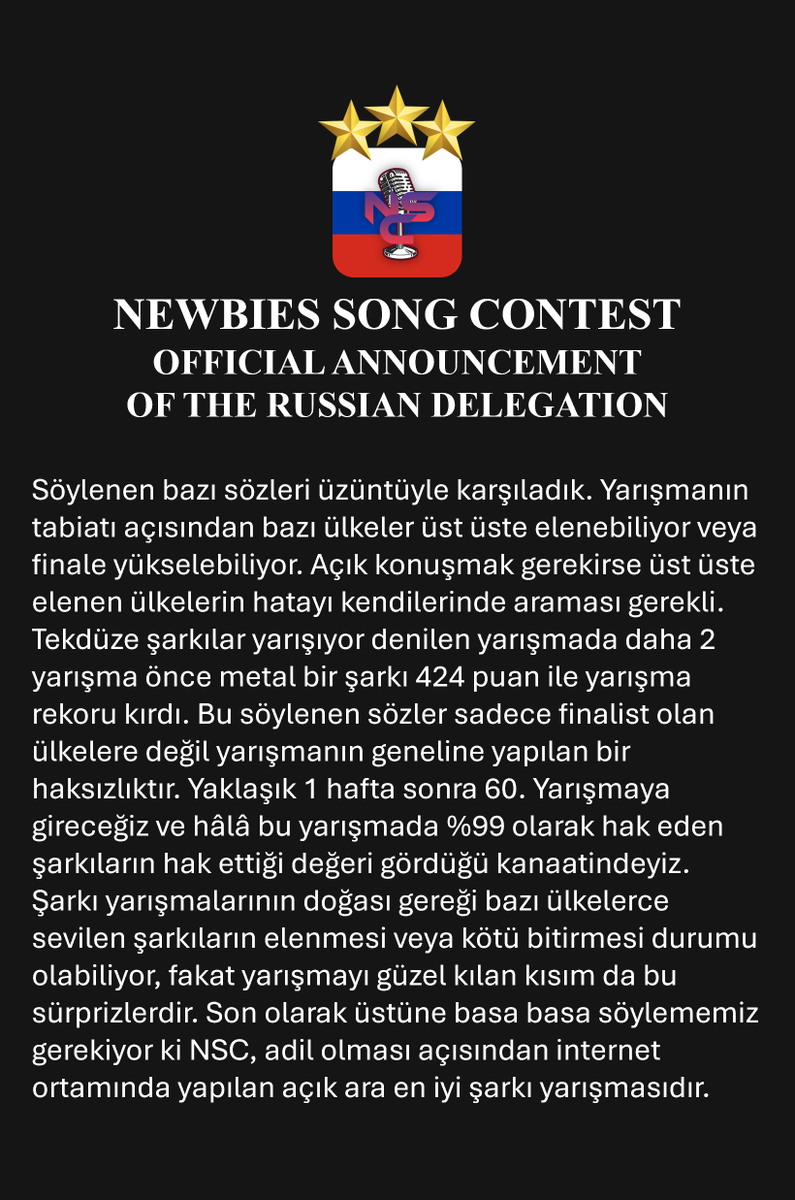 Dipnot: Söylediklerimizin direkt olarak NSC Avustralya Delegasyonu ile alakalı olmadığını ve yarışmanın genelini kapsadığını belirtmek isteriz, sadece bazı söylemlerin ucunun nereye dokunduğuna dikkat etmek gerekiyor.
