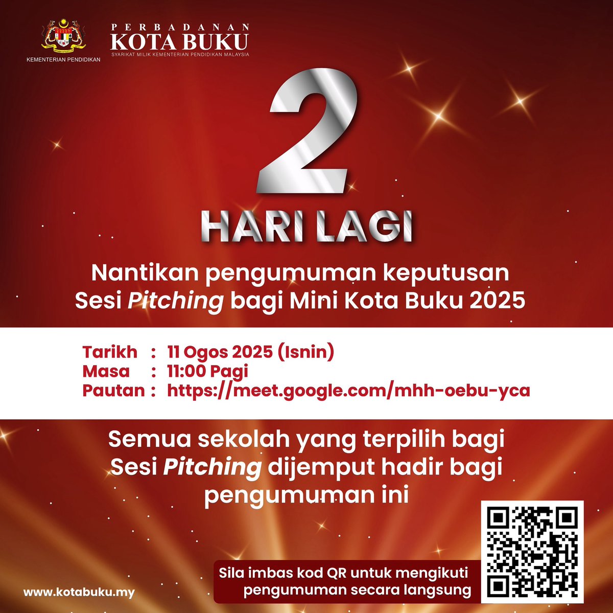 Berbaki dua hari lagi! Nantikan pengumuman keputusan sesi pitching Mini Kota Buku 2025. Jangan ketinggalan untuk mengikuti sesi pengumuman ini menerusi pautan yang disediakan. Semua sekolah yang terpilih bagi sesi pitching dijemput hadir.

#MiniKotaBuku2025 #PKB