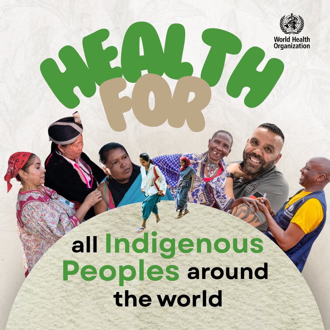 WHO's tweet image. Today is International Day of the World’s Indigenous Peoples.
Across many contexts, Indigenous Peoples face systemic barriers to accessing health services & suffer worse health outcomes:
🧬 Life expectancy up to 20 years lower
🩺 Higher rates of disability & reduced quality of…