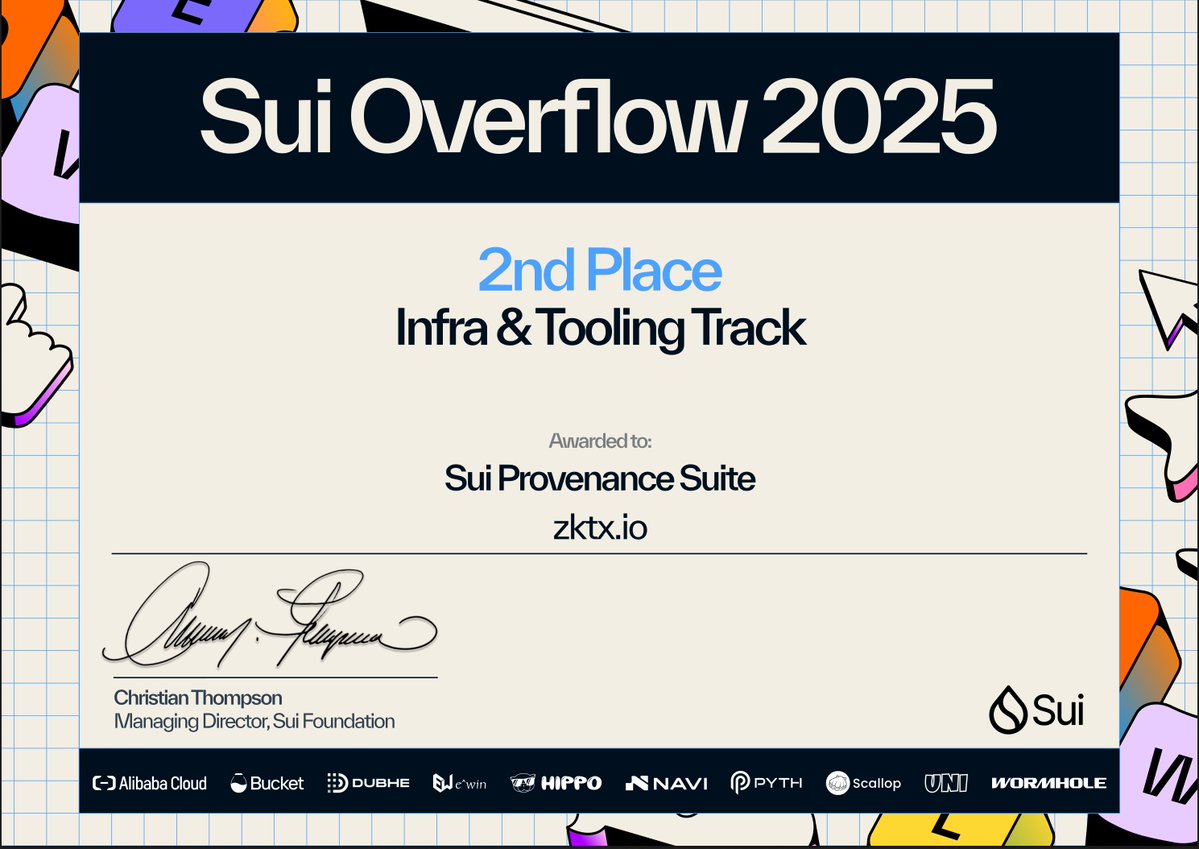 zktx_io's tweet image. 🏆 2nd Place at Sui Overflow Hackathon!
Our project Sui Provenance Suite makes on-chain deployments verifiable from GitHub to Sui.
From Move packages to frontend sites — Don’t trust. Verify.
🦭 Powered by @WalrusProtocol
⚡ Built on @SuiNetwork
#BuildonWalrus #BuildonSui…