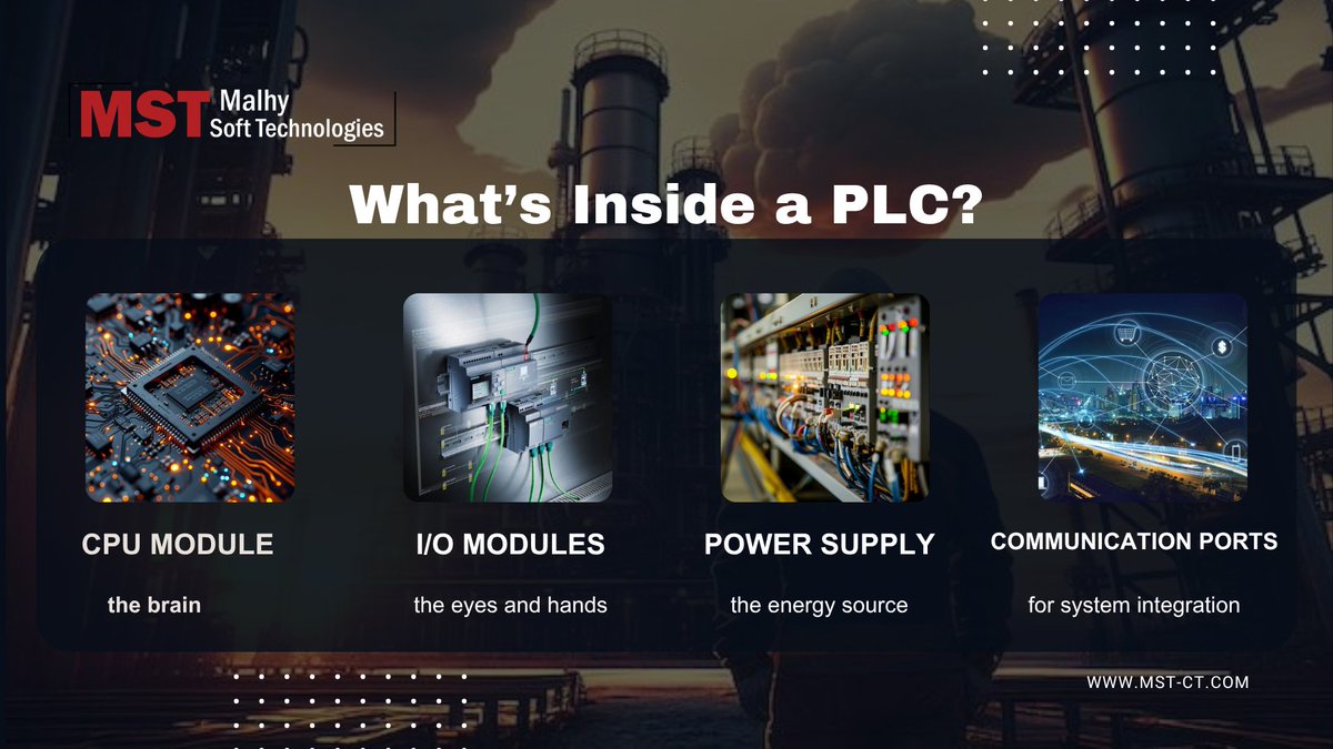 mstct2's tweet photo. To truly understand a #PLC,you need to know its core building blocks:
CPU Module –the brain
I/O Modules – the eyes and hands
Power Supply – the energy source
Communication Ports
Each of these plays a critical role in enabling real-time, reliable #automation
Email: info@mst-ct.com https://t.co/F3PzlyHsik
