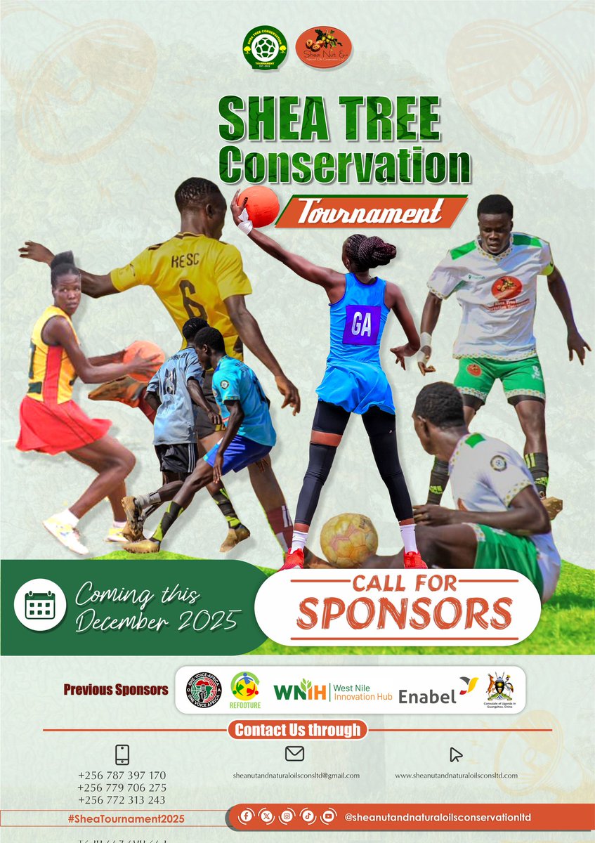 ⚠️ CALL FOR SPONSORSHIP

As the PR at <a href="/NiloticaSheaNut/">Shea Nut & Natural Oils Conservation Limited</a>, I am excited to announce the 4th Edition of the #SheaTreeConservationTournament this Dec in Yumbe District.

Join us in using sport to protect the endangered Nilotica Shea trees.

Contact us using the details on the poster!