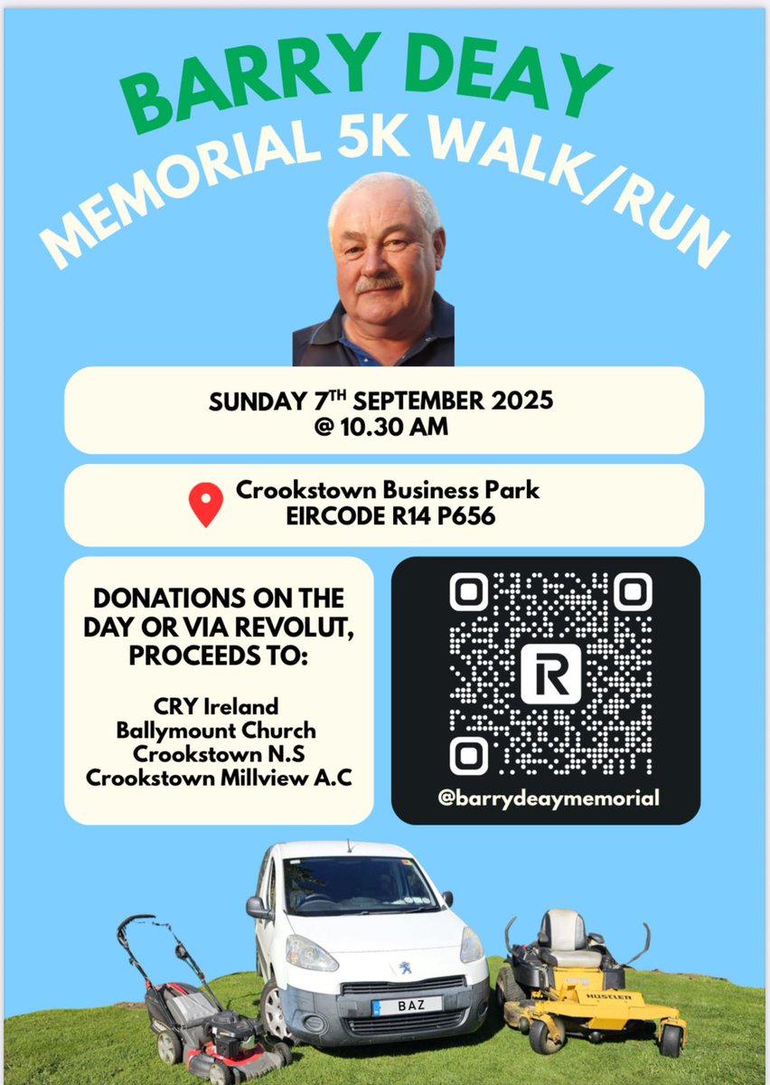 Date for the calendar, for a memorial 5K walk/run event in honour of Barry Deay, your support would be greatly appreciated on the Sun 7th September (10.30)