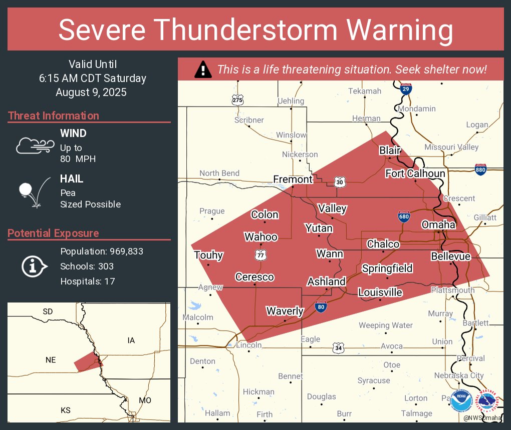 Severe Thunderstorm Warning including Omaha NE, Council Bluffs IA and  Bellevue NE until 6:15 AM CDT. This destructive storm will contain wind gusts to 80 MPH!