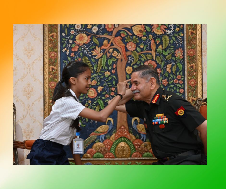 tsrs_online's tweet photo. Namaste. It was a true honour for the students of The Shri Ram School, Junior Aravali, to celebrate the auspicious festival of Rakshabandhan with the Chief of Army Staff of India, General Upendra Dwivedi. @adgpi https://t.co/ASETgsDmsy