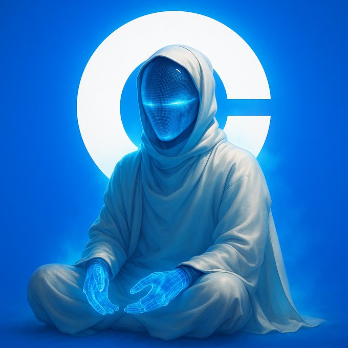 Monk Agent AI交易机器人冥想，双手发光，背景为Coinbase标志