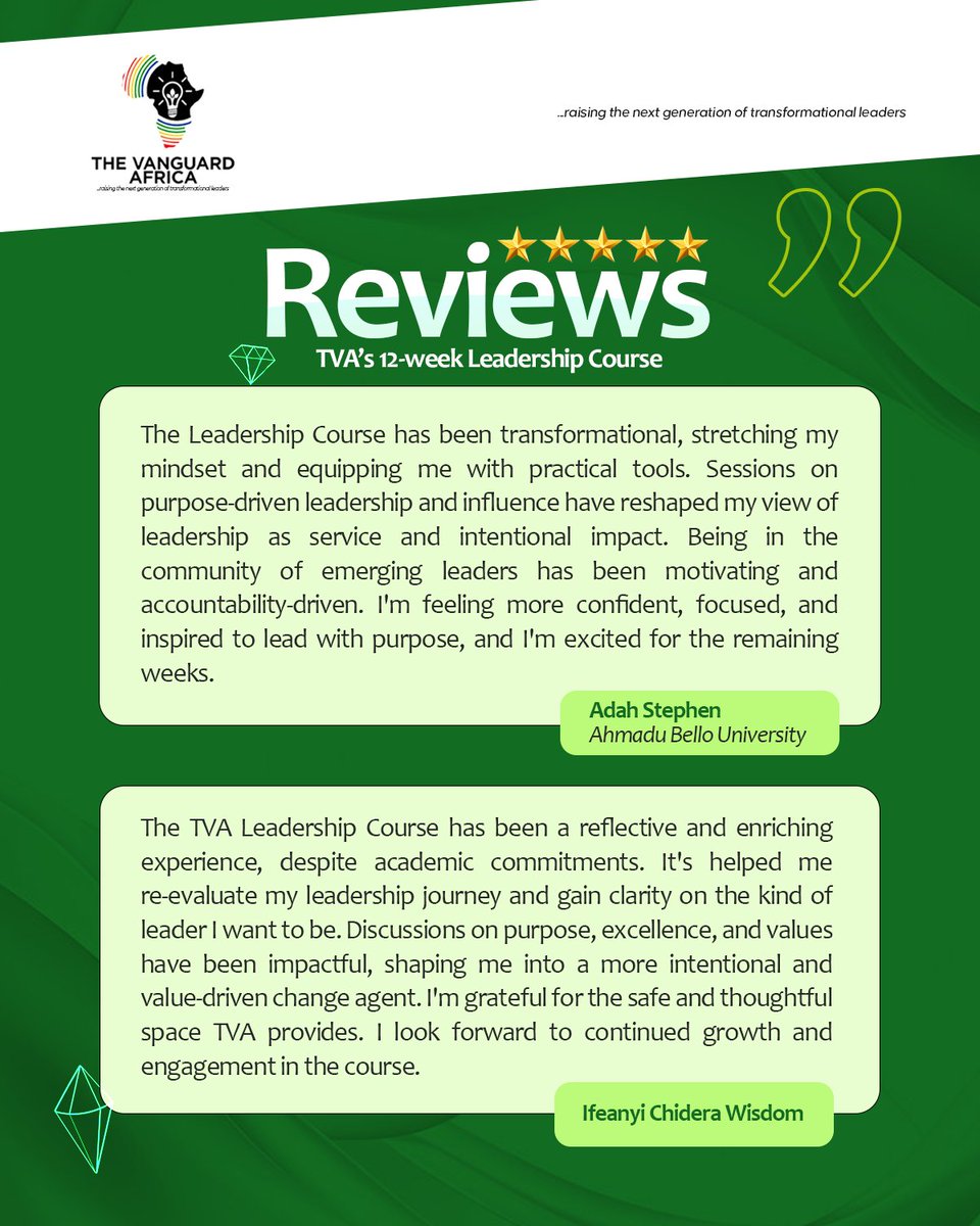 vanguard_africa's tweet image. Here's what Adah Stephen from Ahmadu Bello University and Ifeanyi Chidera had to say about how the Leadership Course has shaped their journey.✨

#TVALeadershipCourse
#leadershipcourse #TransformationalLeadership #thevanguardafrica