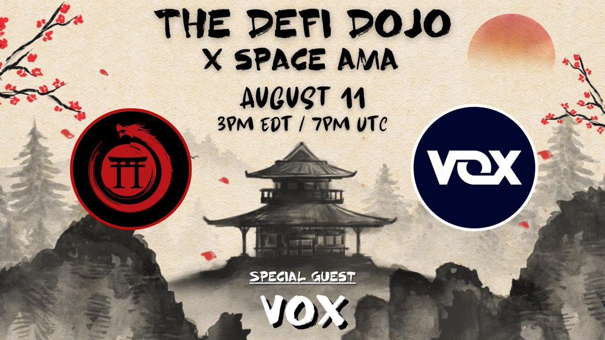 The DeFi Dojo (@defidojo_) on Twitter photo 🎙Join Defi Dojo for an X Space with VOX!
⏰ August 11, 3pm EDT / 7pm UTC
$50 Revenue Share
✅ Like and Reshare
✅ Join the space
✅ Follow <a href="/defidojo_/">The DeFi Dojo</a> & <a href="/tradewithvox/">VOX</a>
🧙♂️ Host - <a href="/Mystik_Crypto/">Mystic Crypto | Crypto VC and AMA Host</a>
🪷 🪷 🪷 🪷 🪷 🪷
VOX is an AI-powered, all-in-one trading ecosystem that’s 🎙Join Defi Dojo for an X Space with VOX!
⏰ August 11, 3pm EDT / 7pm UTC
$50 Revenue Share
✅ Like and Reshare
✅ Join the space
✅ Follow <a href="/defidojo_/">The DeFi Dojo</a> & <a href="/tradewithvox/">VOX</a>
🧙♂️ Host - <a href="/Mystik_Crypto/">Mystic Crypto | Crypto VC and AMA Host</a>
🪷 🪷 🪷 🪷 🪷 🪷
VOX is an AI-powered, all-in-one trading ecosystem that’s