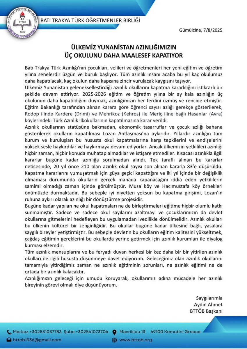 Özcan Güngör (@ozcangngr) on Twitter photo TR'de Patrik, öğrencisi olmayan Rum okulları bile açıyorken,
Batı Trakya’da ise nüfus artmasına rağmen Türk azınlık okulları “öğrenci azlığı” bahanesiyle kapatılıyor. Bu, Lozan Antlaşması’nın açık ihlalidir!
Son 20 yılda 210’dan 83’e düşürüldü.
<a href="/anahtarparti/">Anahtar Parti</a> <a href="/TC_Disisleri/">T.C. Dışişleri Bakanlığı</a> TR'de Patrik, öğrencisi olmayan Rum okulları bile açıyorken,
Batı Trakya’da ise nüfus artmasına rağmen Türk azınlık okulları “öğrenci azlığı” bahanesiyle kapatılıyor. Bu, Lozan Antlaşması’nın açık ihlalidir!
Son 20 yılda 210’dan 83’e düşürüldü.
<a href="/anahtarparti/">Anahtar Parti</a> <a href="/TC_Disisleri/">T.C. Dışişleri Bakanlığı</a>
