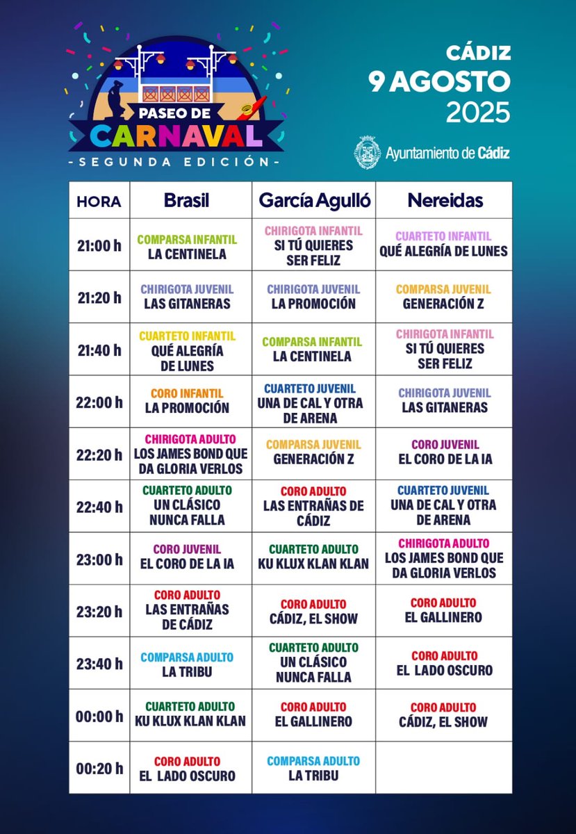 HOY Sábado 9 Agosto
Paseo del Carnaval 

<a href="/CHIRIGOTAYUYU/">LA CHIRIGOTA DEL YUYU</a> 
<a href="/CuartetoCantera/">Cuarteto de la Cantera</a> 
<a href="/elcorodelavina/">El Coro de la Viña</a> 
<a href="/CorodePedrosa/">Coro de JM Pedrosa y David Fdez.</a> 
<a href="/gagodecadi/">🏳️‍🌈Ángel Gago 🏳️‍🌈✊🏻🇵🇸✊🏻</a> 
<a href="/ComparsaArguez/">La Comparsa de García Argüez y Raúl Cabrera</a>
<a href="/Coro_JulioPardo/">Coro de Julio Pardo</a> 
<a href="/LOSDELAVINA/">ESPEJITO, ESPEJITO…</a> 
<a href="/EstudiantesCoro/">Coro Los Estudiantes</a>