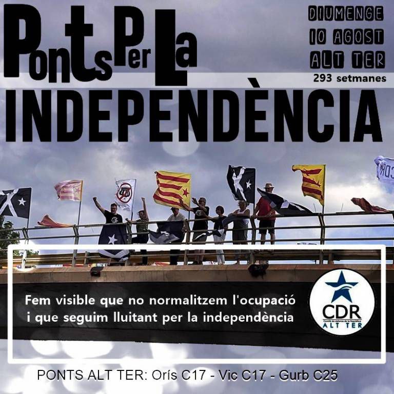 🔴293 ✊Seguim una setmana més. #PONTSperLaINDEPENDÈNCIA

PERSISTIM i PERSEVEREM en la lluita per la LLIBERTAT de CATALUNYA.
Fem visible que no normalitzem l'ocupació i que seguim lluitant per la #independència
#NoEnsFareuMaiEspanyols

Ponts:
📍#ORÍS: C17
📍#GURB: C25
📍#VIC: C17