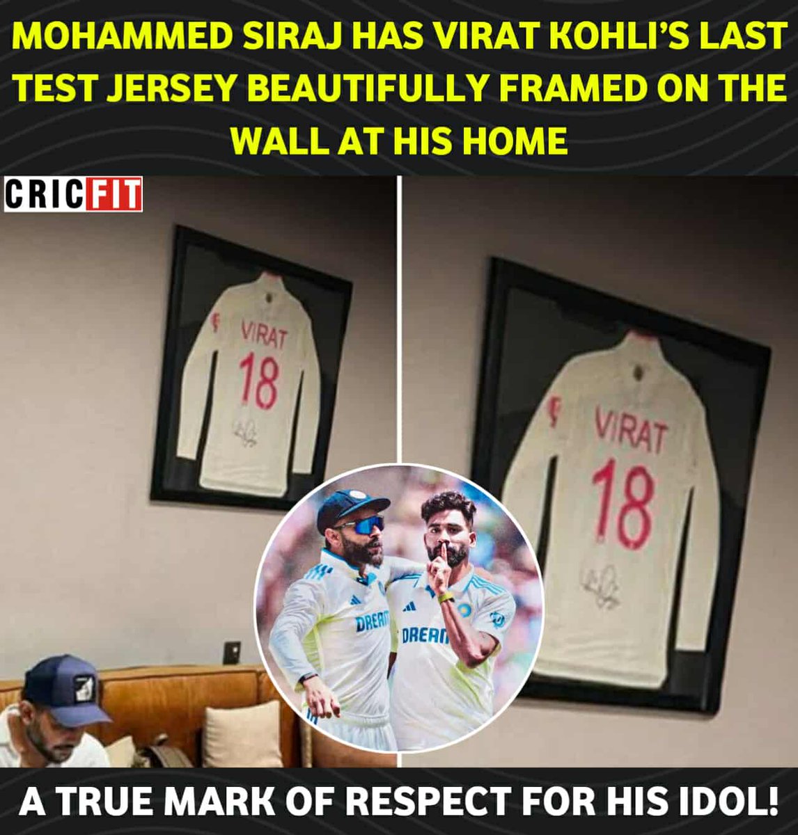 Mohammed Siraj honors his idol in style – Virat Kohli's last Test jersey beautifully framed on his wall! 🏏❤️
#MohammedSiraj #ViratKohli
