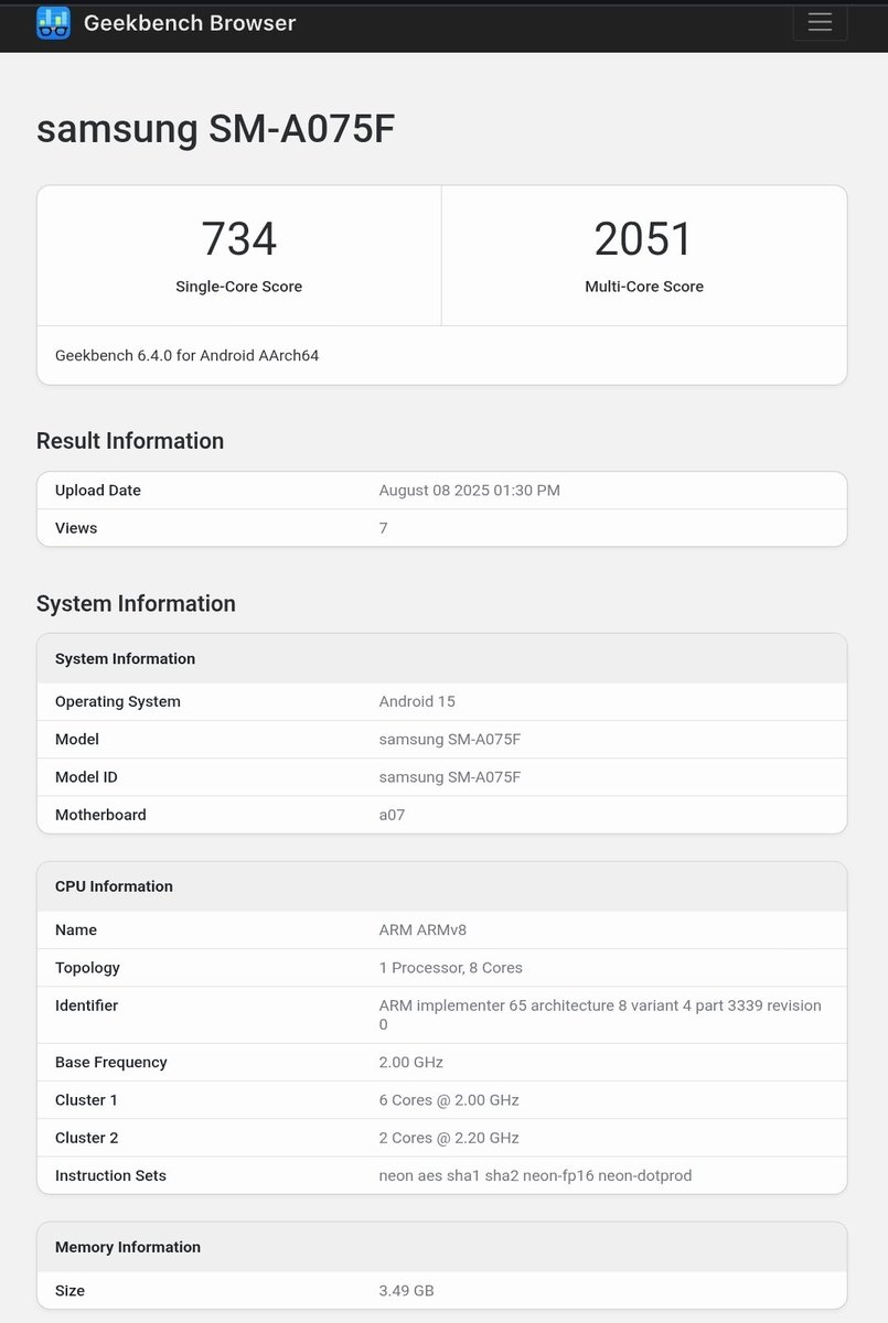 Koram_Akhilesh's tweet image. Upcomming Galaxy model A07 device was spotted running Android 15 OneUI 7 on Geekbench ‼️

Build : A075FXXU1AYG5
#Android15 #samsung #OneUI8 #GalaxyA07