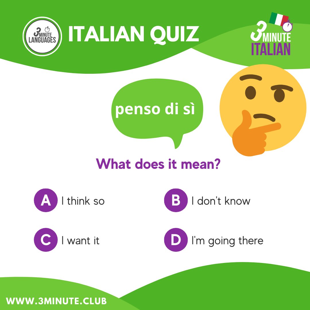 3MLanguages's tweet photo. Have a go at this question. Put your answer in the comments

#Italian #LearnItalian #learningItalian #Quiz #ItalianQuiz #Italian#italiano #ItalianLanguageCourse #ItalianLanguageLearning #ItalianLanguageSchool #Rome #Roma #Italy #ItalianLanguageDay

https://t.co/PoHkogYjAK https://t.co/5Dhkx2fV7Q