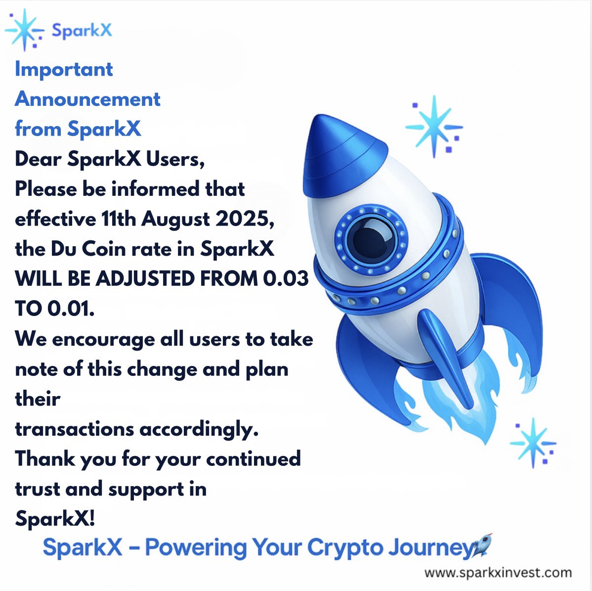 DuCoinnetwork's tweet image. Big update for all SparkX users!
 Starting 11th August 2025, the Du Coin rate in SparkX will change from 0.03 to 0.01.
We recommend planning your transactions accordingly to make the most of this update.
#SparkX #DuCoin #CryptoTrading #SparkXPower #SparkXUpdates #CryptoRates