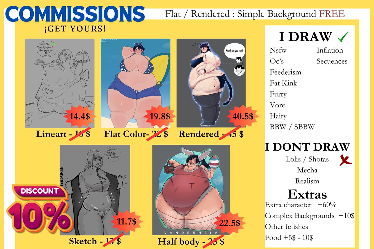 Hello! ✨️ For all this month, there will be a 10% discount in any comm 🔥 (I will raise the prices on September, so don't miss this opportunity!)

🔥For the first 2 people >  15% OFF 🔥
Also
🔥2 full bodies 50$
🔥3 full bodies 80$
RT + like truly appreciated 🥰
#fat #bbw