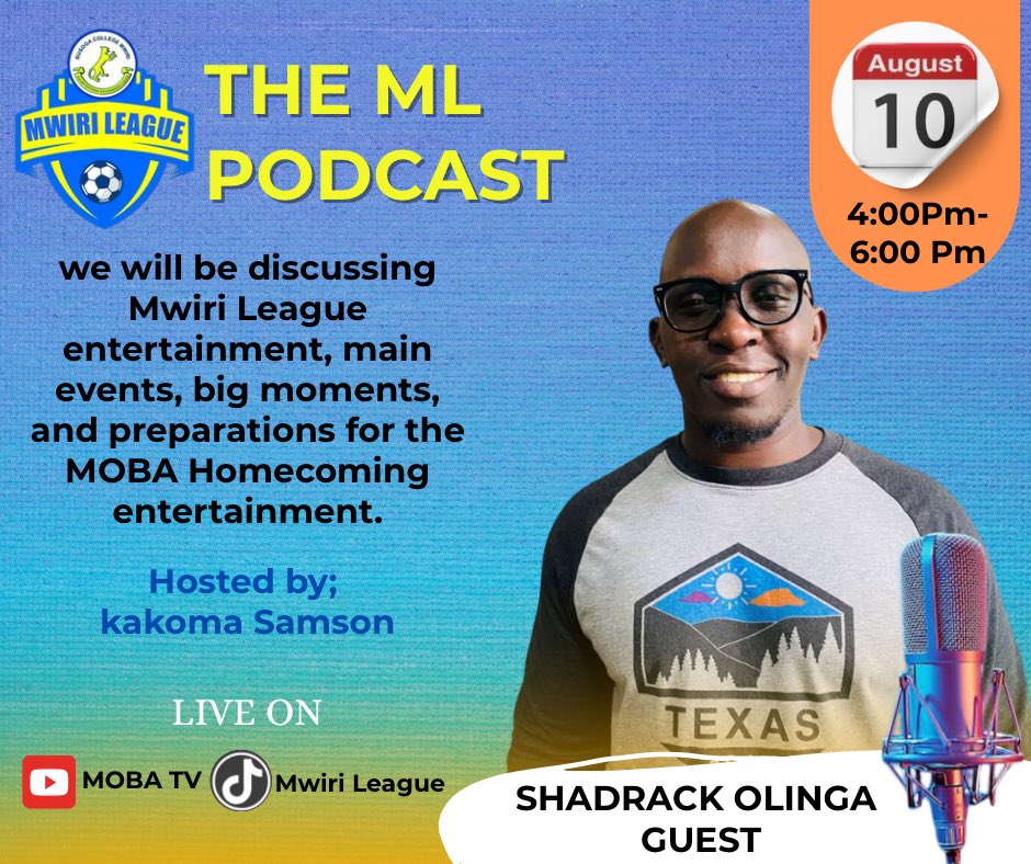 MwiriLeague's tweet photo. The #MLPodcast returns tomorrow at 4:00 PM with a special focus on #MwiriLeague entertainment💯
Join us as guests Straxy and Shadrack Olinga dive into the biggest events, unforgettable moments, and get us all prepared for the upcoming #MOBAHomecoming celebration. Hosted by @KakosSamson , aka Kakos Da Audio Man.
Don't miss out 🔥
#MwiriLeague #MLPodcast