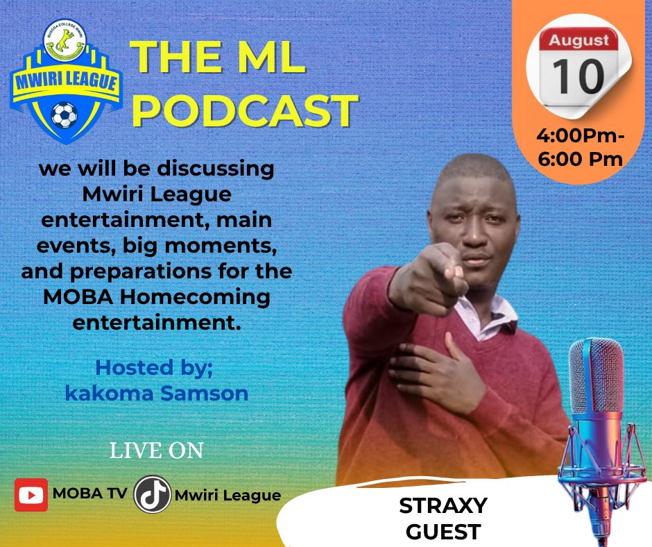 The #MLPodcast returns tomorrow at 4:00 PM with a special focus on #MwiriLeague entertainment💯
Join us as guests Straxy and Shadrack Olinga dive into the biggest events, unforgettable moments, and get us all prepared for the upcoming #MOBAHomecoming celebration. Hosted by