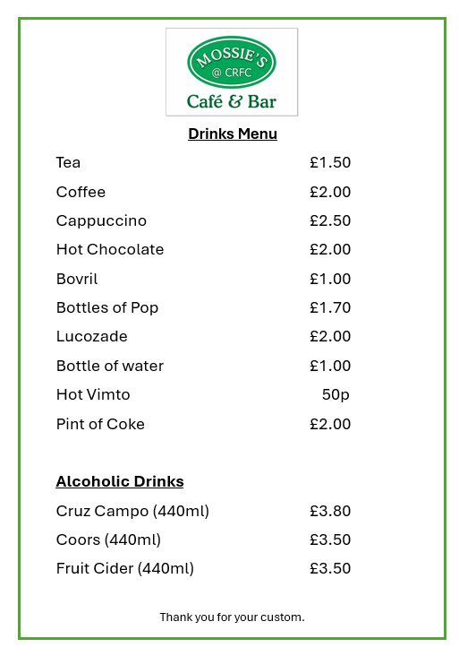 CharnockFC's tweet photo. 🧑‍🍳| A reminder that Mossie's @ CRFC Cafe and Bar is open from 1:30pm for today’s fixture!

👀 Take a look at what is on offer: 

#GreenArmy https://t.co/2Re6Iritla