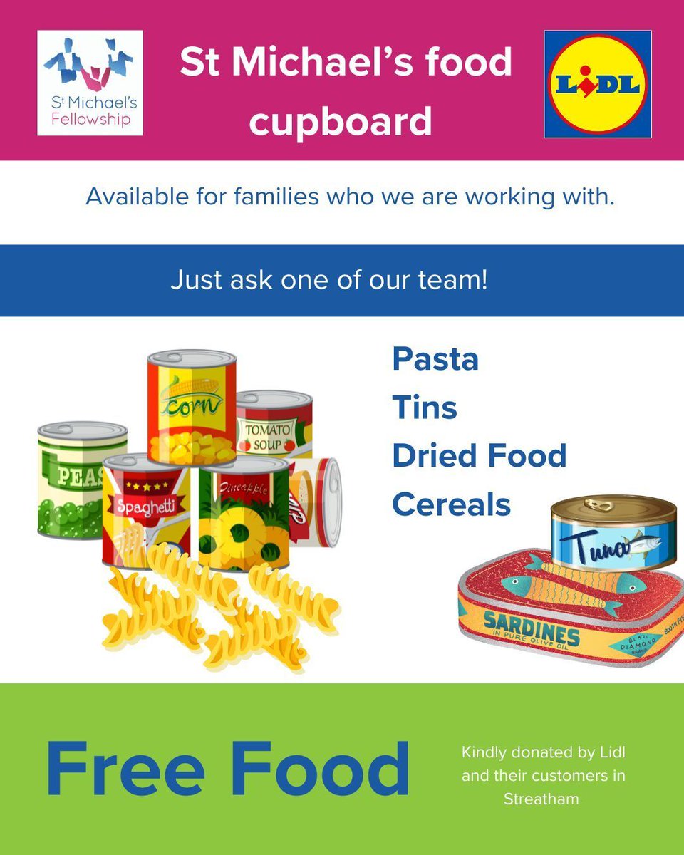 At St Michael’s we are proud to have the support of Lidl and our local community to enable access to food as a basic human right. Our Food Pantry is available for all families that we work with 💙  

📞 020 8835 9570   

#FoodBank #LondonFoodBanks #SouthLondonFoodBanks
