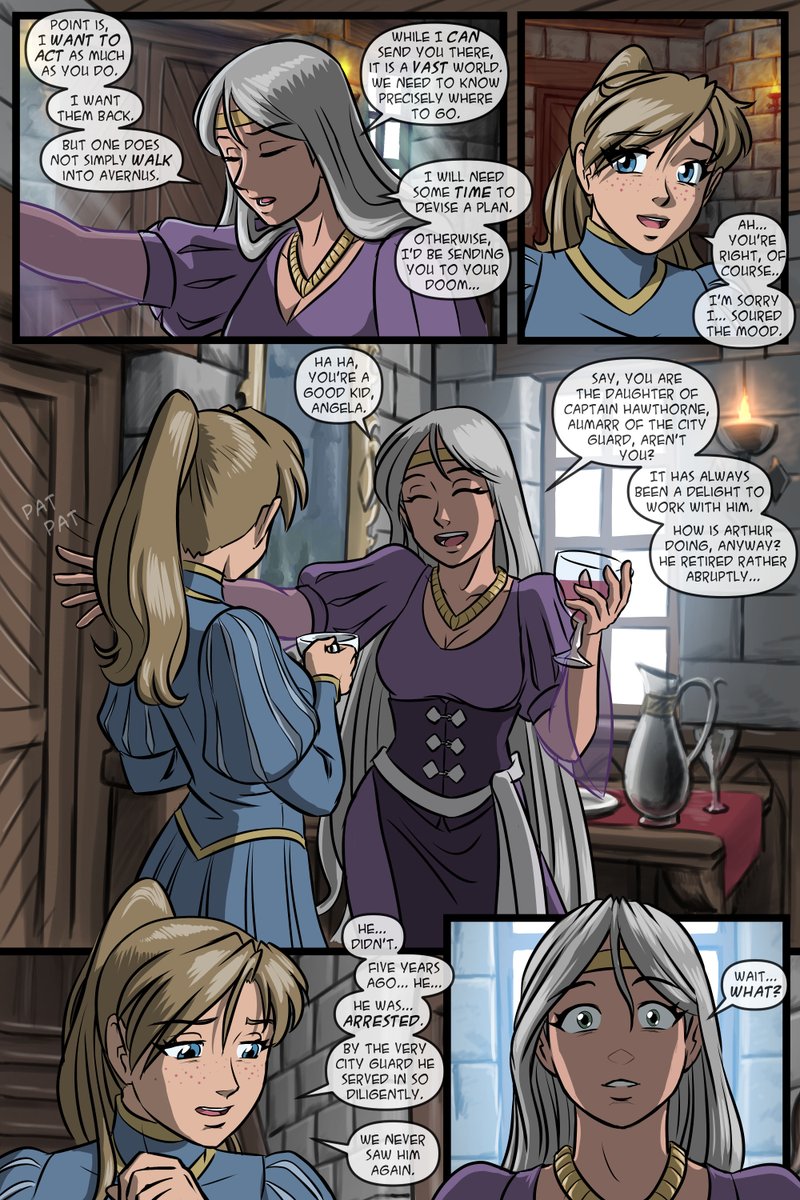 DoodlePoodle_X's tweet photo. 📯 Hear ye, hear ye! 📯

Tales From the Tables is back with episode 53: Lady Mage of Waterdeep, part 3!

Our intrepid adventurers bond with Laeral and plan their next move.  Looks like Ieiridauna, the sweet watchghost looking after Mirt's (now Laeral's) mansion, took a liking to Rumples!  

Big thanks to @TheEdVerse  for helping me out with a few details! I hope I still got Laeral just right. 😊 

#forgottenrealms #dnd #dungeonsanddragons #comic #webcomic