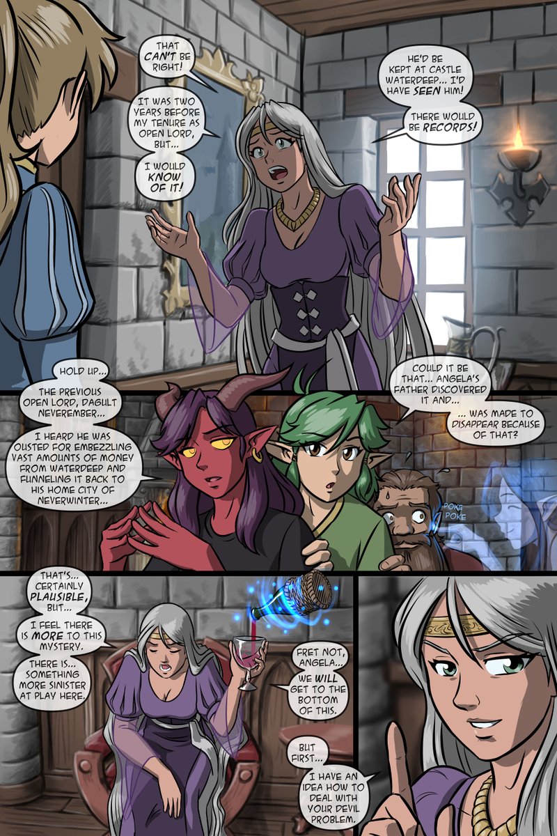 DoodlePoodle_X's tweet photo. 📯 Hear ye, hear ye! 📯

Tales From the Tables is back with episode 53: Lady Mage of Waterdeep, part 3!

Our intrepid adventurers bond with Laeral and plan their next move.  Looks like Ieiridauna, the sweet watchghost looking after Mirt's (now Laeral's) mansion, took a liking to Rumples!  

Big thanks to @TheEdVerse  for helping me out with a few details! I hope I still got Laeral just right. 😊 

#forgottenrealms #dnd #dungeonsanddragons #comic #webcomic