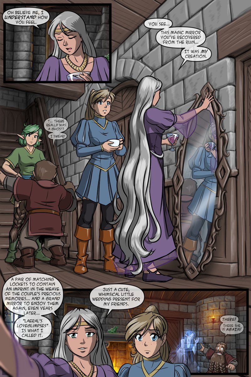 DoodlePoodle_X's tweet photo. 📯 Hear ye, hear ye! 📯

Tales From the Tables is back with episode 53: Lady Mage of Waterdeep, part 3!

Our intrepid adventurers bond with Laeral and plan their next move.  Looks like Ieiridauna, the sweet watchghost looking after Mirt's (now Laeral's) mansion, took a liking to Rumples!  

Big thanks to @TheEdVerse  for helping me out with a few details! I hope I still got Laeral just right. 😊 

#forgottenrealms #dnd #dungeonsanddragons #comic #webcomic