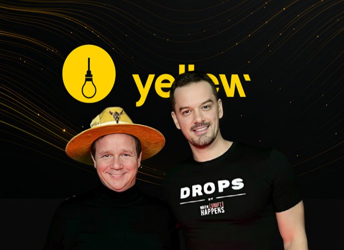 Alexis Sirkia and host in front of Yellow Network backdrop
