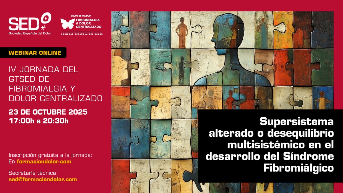 🚀Jornada del GTSED Fibromialgia. 📅23 de octubre 2025 de ⏰17:00h a 20:30h
"Supersistema alterado o desequilibrio multisistémico en el desarrollo del Síndrome Fibromiálgico".  📺Webinar Online. Acceso gratuito previa inscripción.
Consulta programa aquí: 
f.mtr.cool/yweatngrwx