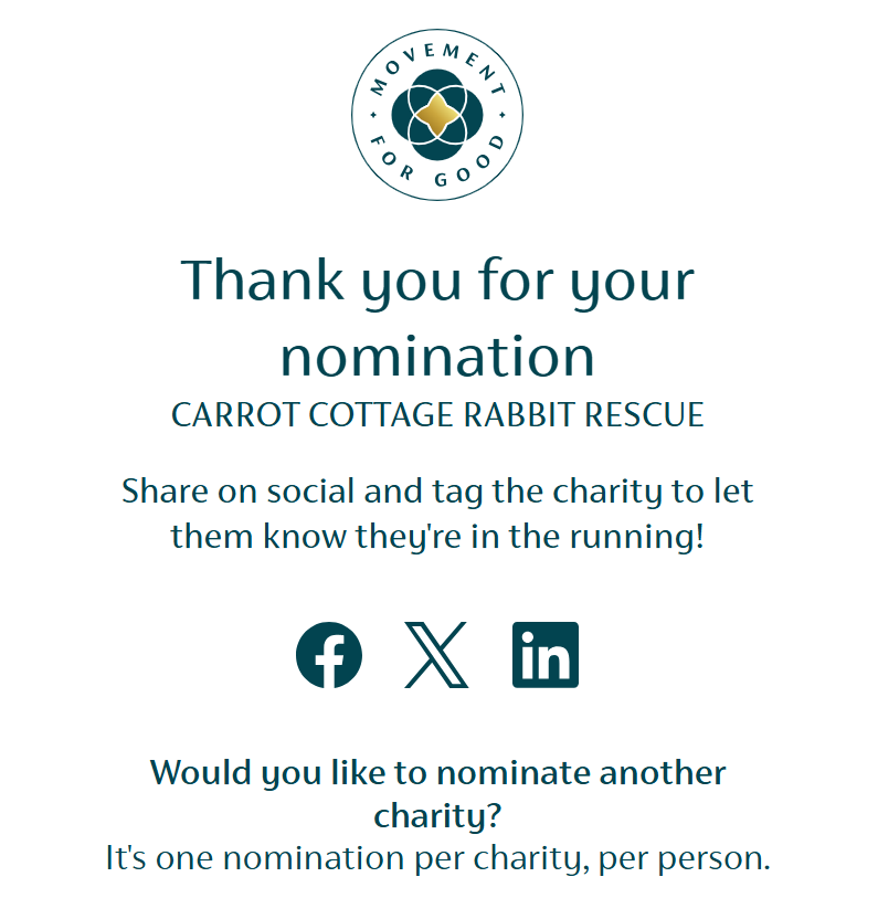 qu1ncey's tweet photo. Please nominate @carrotcottagerr to win £1000 in @benefactgroup's #movementforgood awards. Takes a minute, if that. ☺️ Charity no. 1210378:

https://t.co/scvYGf1HZg

#rescue #rescuebunnies #rescuerabbits #rehomehour #SaturdayMotivation 🐇🐇🐇 https://t.co/r7Td85OLuM