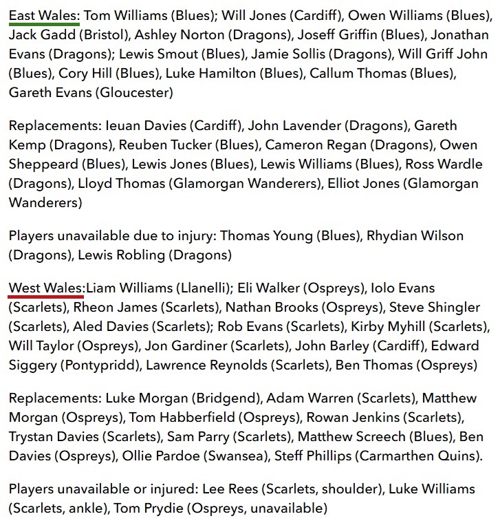 EAST Wales v WEST Wales

U20 Trial Match 2011

Players from the Scarlets &amp; Ospreys pathways/territories (merged together as West Wales) going up against players from the Cardiff &amp; Dragons pathways/territories (merged together as East Wales).