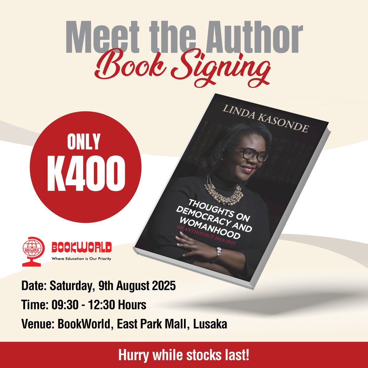 Linda Kasonde (@lindakasonde) on Twitter photo Happening today! Please join me at the book signing of my new book, 'Thoughts on Democracy and Womanhood' at <a href="/BookworldZambia/">Bookworld Zambia</a> East Park Mall from 09:30-12:00 hours. See you there! Happening today! Please join me at the book signing of my new book, 'Thoughts on Democracy and Womanhood' at <a href="/BookworldZambia/">Bookworld Zambia</a> East Park Mall from 09:30-12:00 hours. See you there!