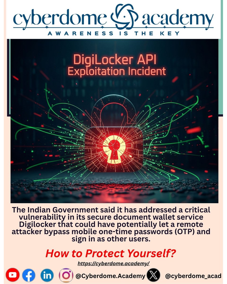 cyberdome_acad's tweet image. Got a new SIM? Check your DigiLocker! Recycled numbers can link to someone else’s Aadhaar. Update your mobile number with Aadhaar and secure your account with a strong PIN. #DigiLocker #StaySafe #DigitalIndia #DigiLockerSafety #CyberSecurity How to Protect Yourself?