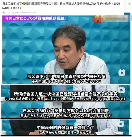 畏威而不怀德，日寇也。
日本前驻华大使垂秀夫近日接受日本媒体专访时表示：“当下中国很强大，日本必须保持低调，等中国衰弱的时候再对中国动手 ​​​！”
