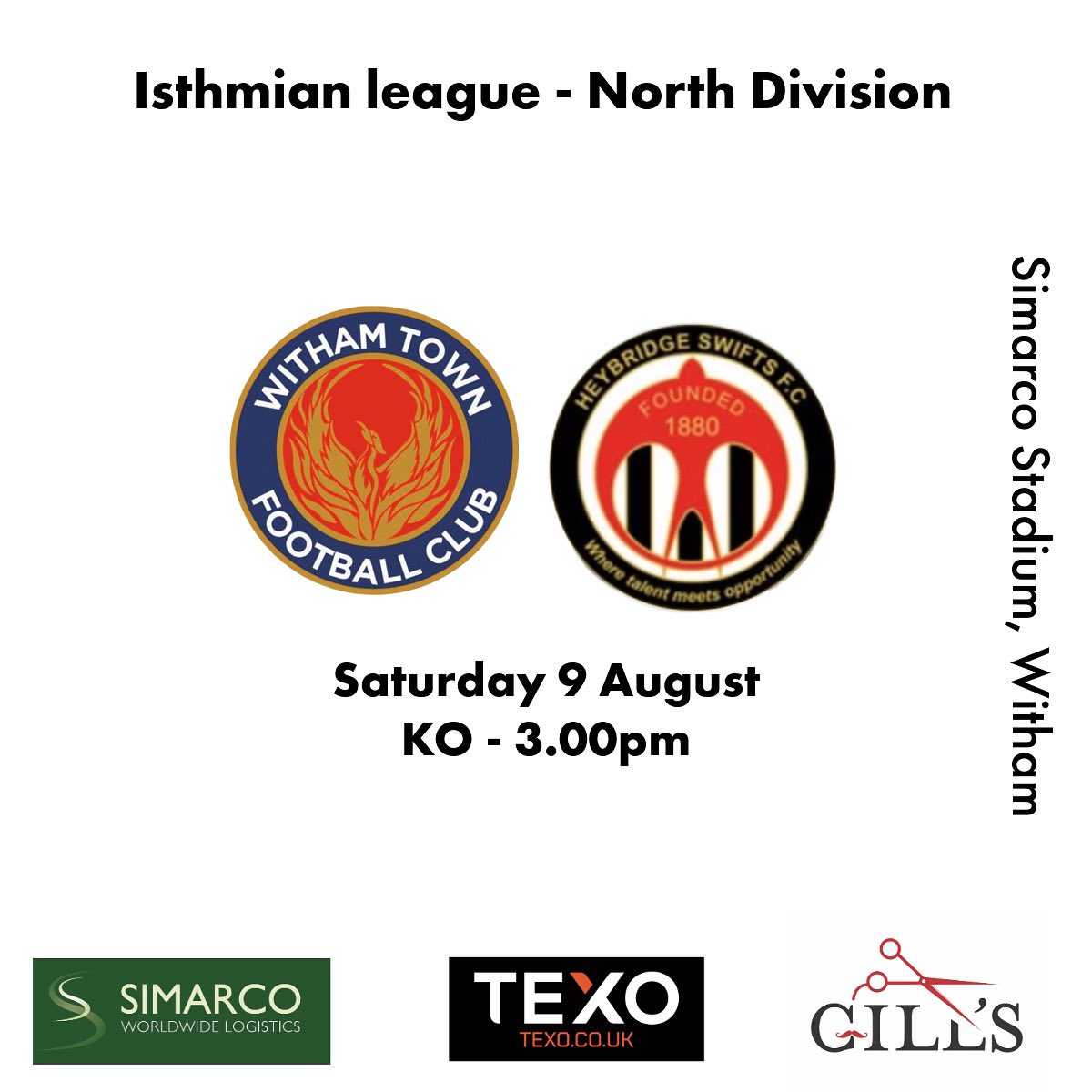 ⚽️ MATCH DAY ⚽️ 

We kick off our <a href="/IsthmianLeague/">The Pitching In Isthmian League</a> season today with a local clash as we welcome <a href="/officialswifts/">Heybridge Swifts FC</a> to the Simarco Stadium! 

🕒 KO: 3:00 PM
🚪 Turnstiles open: 2:00 PM
🍻 Clubhouse open 
🍔 Food available 

🎟️ Prices:
£10 – Adults
£5 – Concessions
£2 – Under 16s