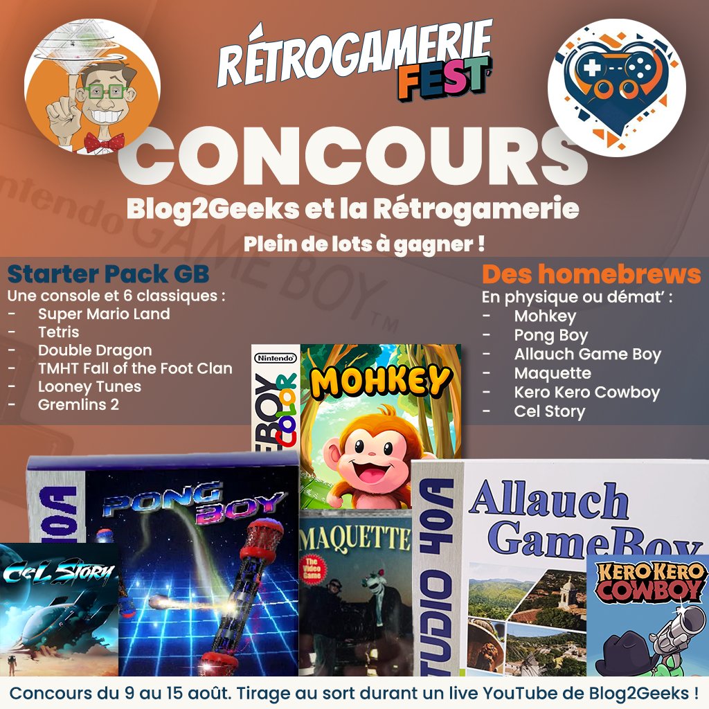 Retrogamerie's tweet image. Nouveau #concours 🍀

Pour fêter respectivement ses 1000 abonnés et ses 2 ans, Blog2Geeks et la Rétrogamerie vous gâtent avec une avalanche de cadeaux autour de la Game Boy 🎉

À gagner :

- Un Starter Pack Game Boy (console + 6 classiques)
- Allauch GameBoy et Pong Boy (par…