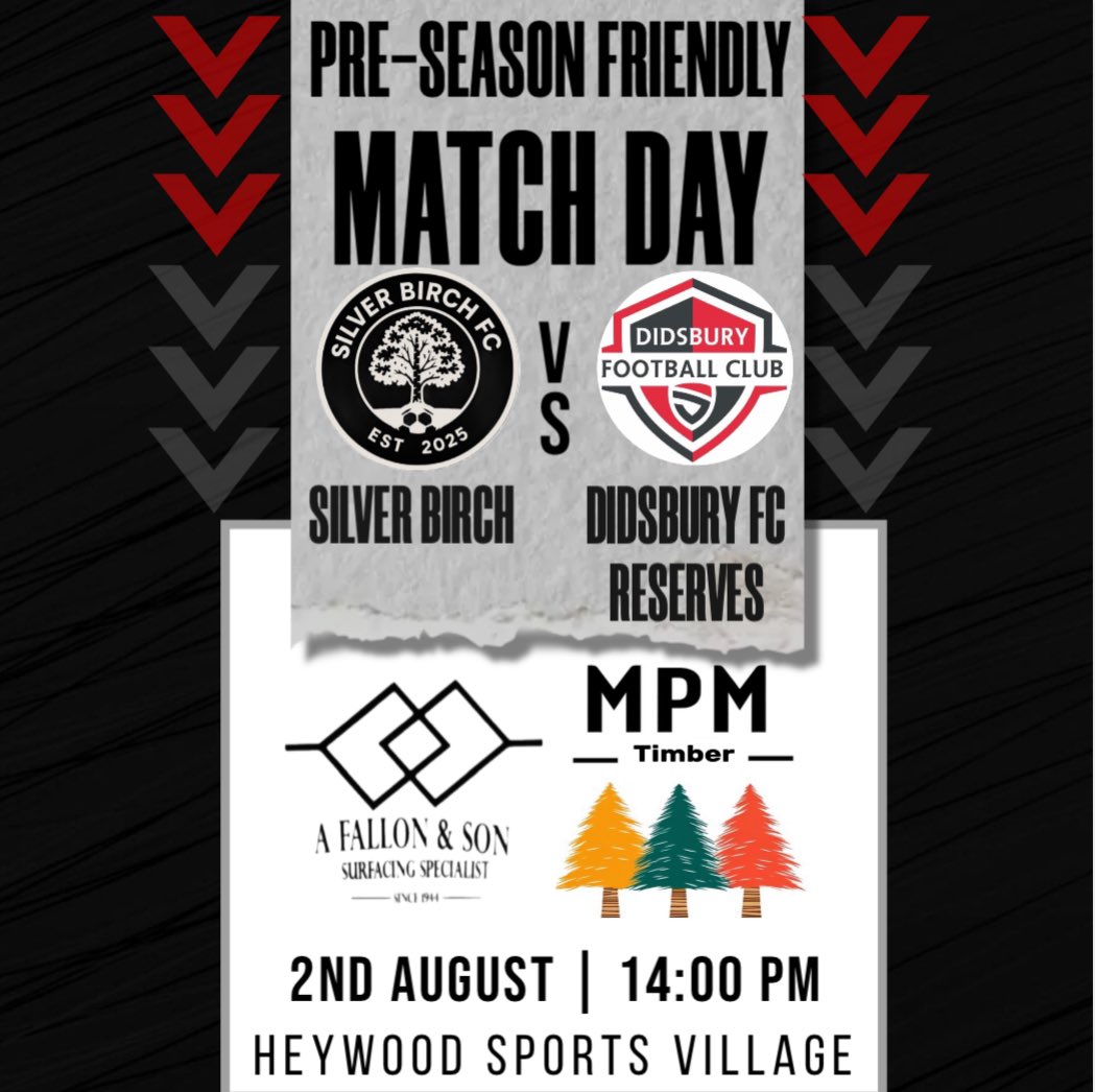 MATCHDAY⚽️

🆚Didsbury Reserves
📅Saturday 9th August
📍Heywood Sports Village (Grass)
⏰2PM

Come down and get behind The Birch🌳

#UpTheBirch 

#grassroots #football #manchester #saturdayleague #sundayleague #preseason