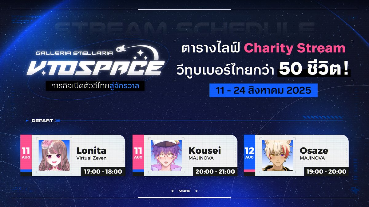 SSR_Society's tweet photo. #𝐕𝐓𝐨𝐒𝐩𝐚𝐜𝐞 Stream Schedule ตารางไลฟ์มาแล้ว!🪐

Charity Stream ระดมเงินบริจาคให้กับกองทุนวิทยาศาสตร์และเทคโนโลยี เพื่อช่วยพัฒนาความรู้ การศึกษาไทย✨

📅11 - 24 สิงหาคม 2025

🤝การจับมือกันของ 9 สังกัดวีทูบเบอร์ไทย SSR Society, Majinova, AGGC VTuber Project, Virtual Zeven, OutLore, V-Wonder Project, Nexus SeaSon, inLAB, Ti19t และวีทูบเบอร์อิสระคนเก่งอย่าง MONARICA และ เงินทอง

※ เงินบริจาคนี้ไม่เกี่ยวข้องกับค่าใช้จ่าย ในการทำ Payload และปล่อยจรวด
※ การโดเนทผ่านวีทูบเบอร์จะทำให้ ไม่ได้รับสิทธิประโยชน์ทางภาษี

#SSRSociety